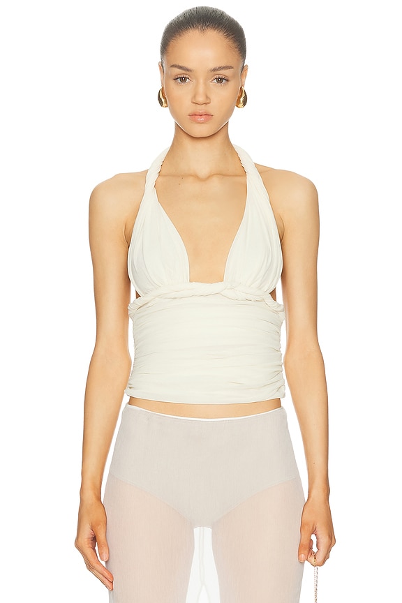 Saint Laurent Silk Jersey Plunging Tank Top in Naturel | FWRD