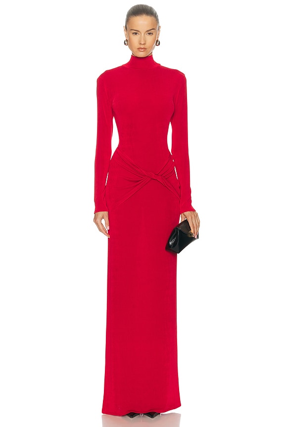 BALMAIN High Neck Pleated Knit Long Dress in Rouge | FWRD