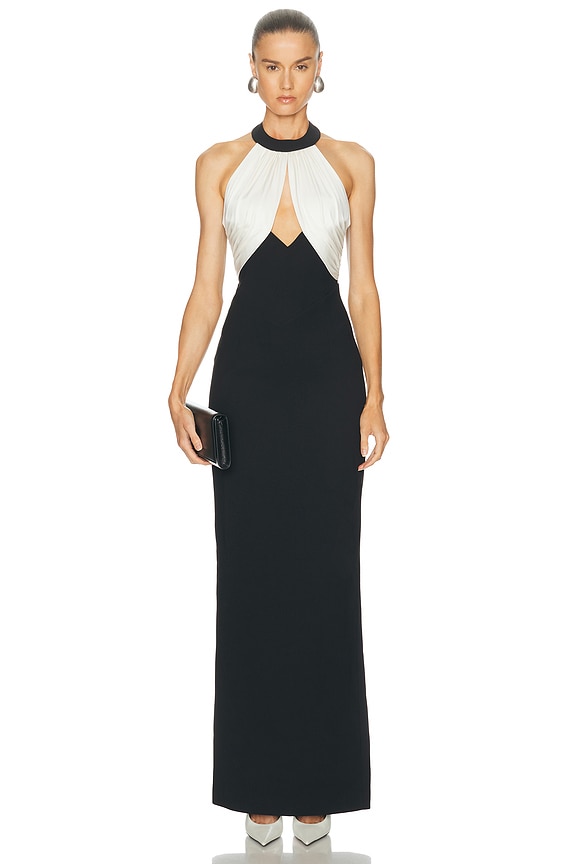 NILI LOTAN Vapor Print Halter Dress in Black & Ivory | FWRD
