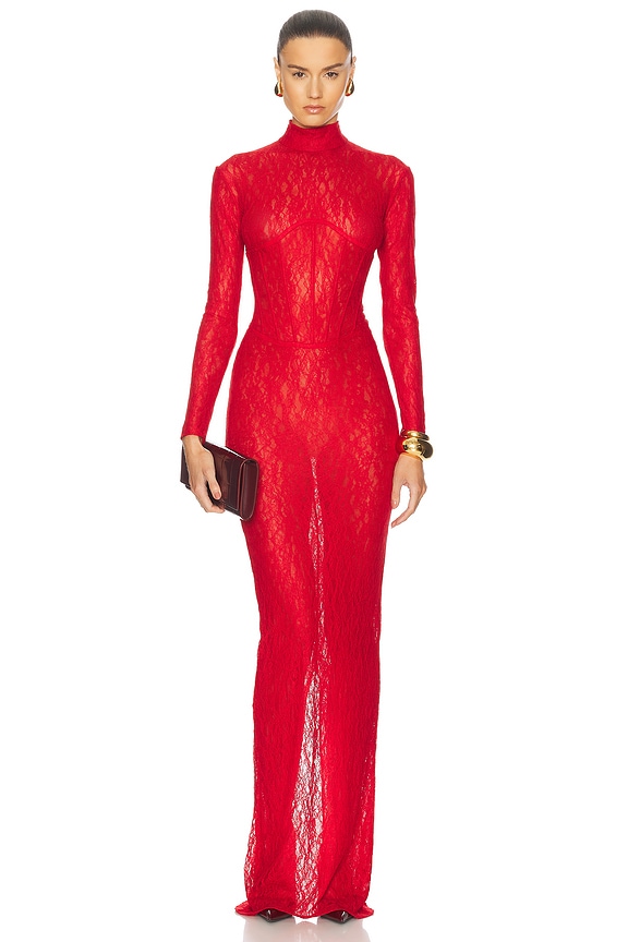 ALAÏA Stretch Lace Maxi Dress in Orange Fonce | FWRD