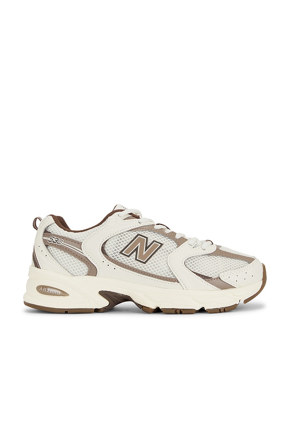 New Balance 530 Sneaker in White, Silver Metallic, & Mid Century