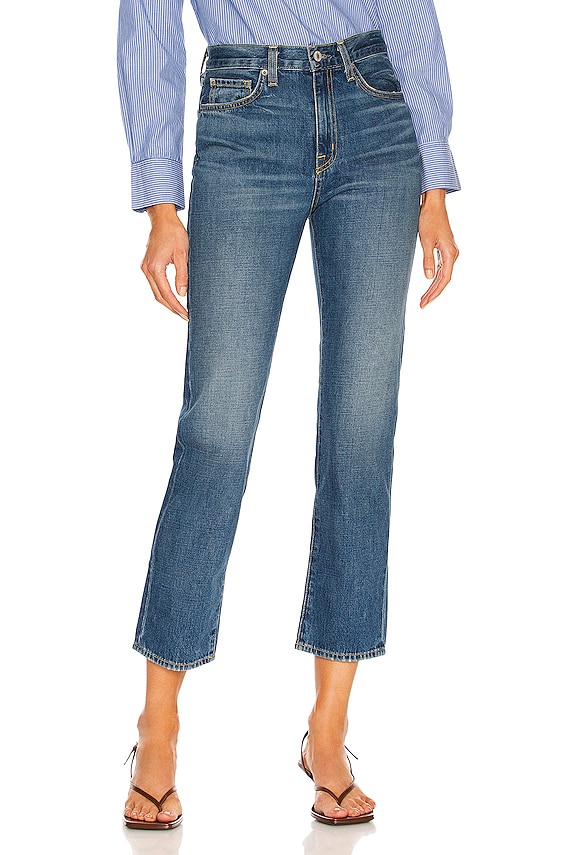 パンツ ALAIA Women Straight Pants AA9P1161T535A 524 BLUE Knit Band straight jeans in blue - Alaia | Mytheresa