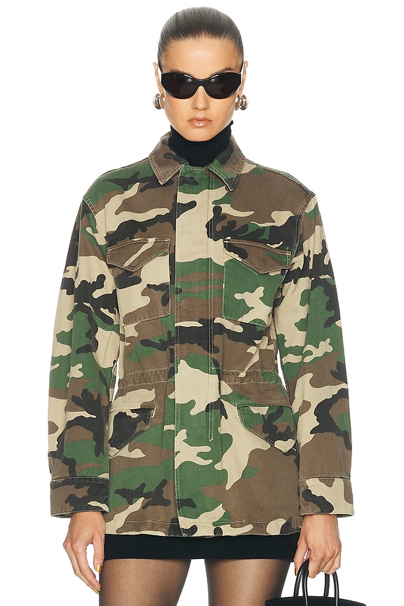 NILI LOTAN Jackie Camo Army Jacket in Dark Green Camouflage Print