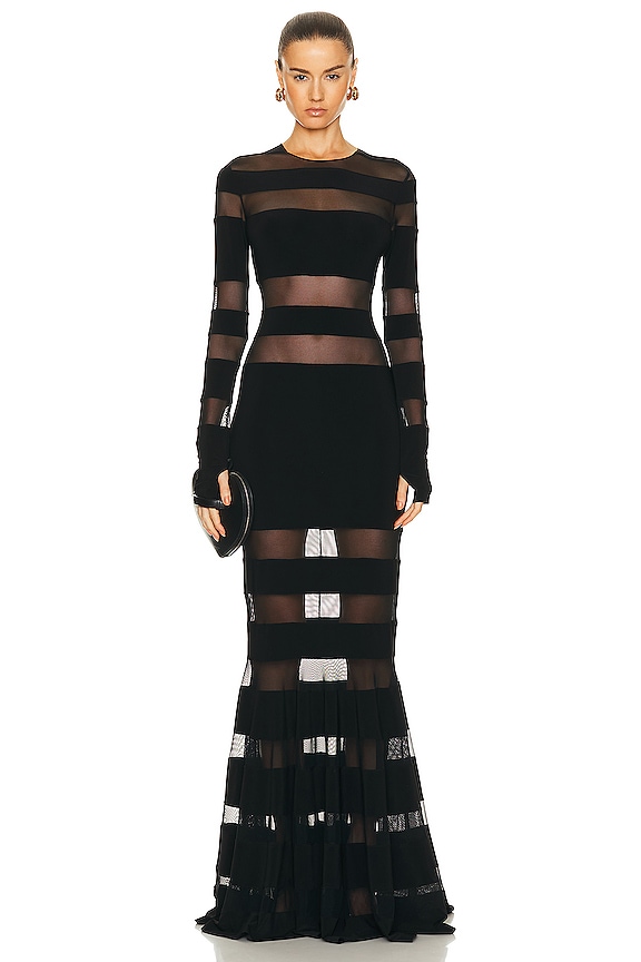 BALMAIN Long Sleeve Open Knit Mini Dress in Black | FWRD