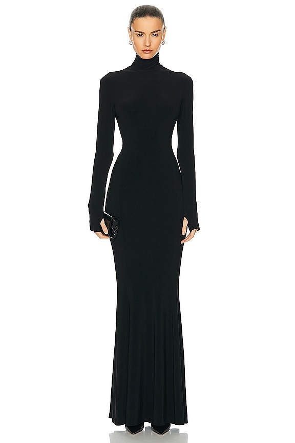 black long sleeve fishtail dress Norma Kamali Turtleneck Open Back in TIERED-SKIRT Maxi length How To Wear Brown Size:FR 48 - Preorder