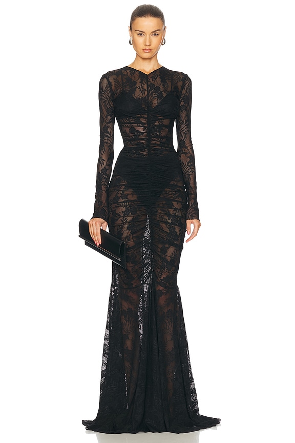 Norma Kamali Long Sleeve V Neck Shirred Front Fishtail Gown in Black Leaf | FWRD Norma Kamali Long Sleeve V Neck Shirred Front Fishtail Gown in Black Leaf | FWRD
