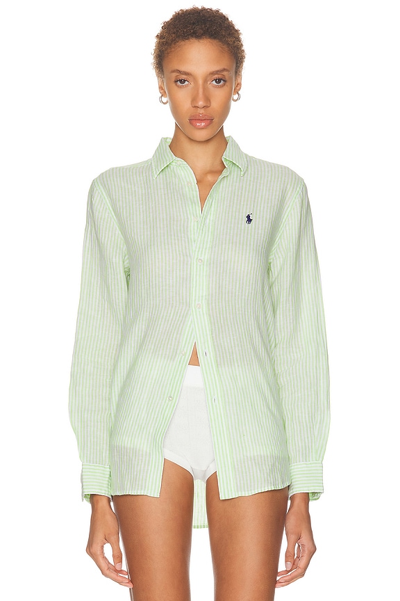 RENGGLI Stripe Boxy Long Sleeve Button Up Shirt in Kiwi & Azure | FWRD