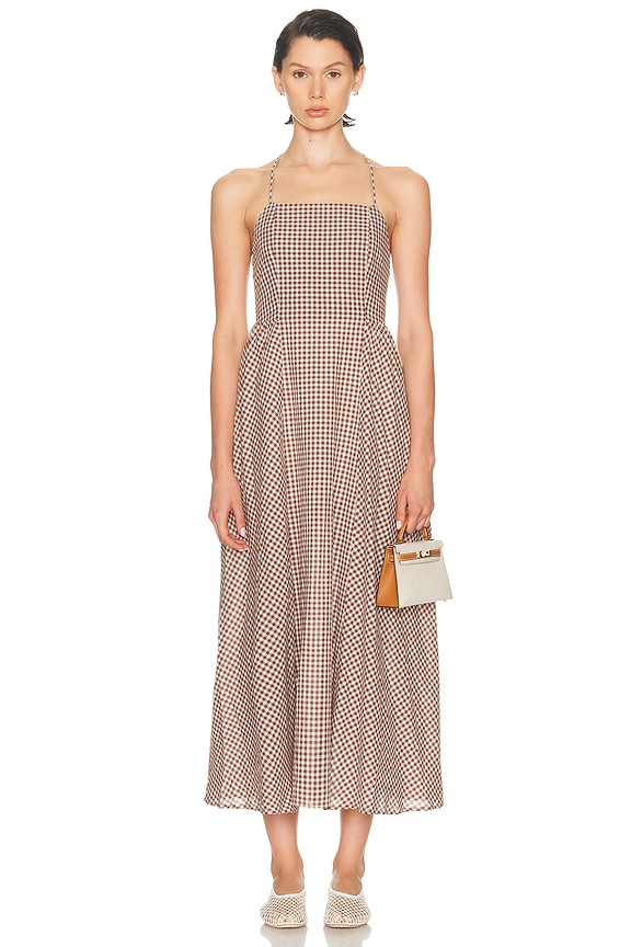 Ganni Check Mix Ruched Long Slip Dress in Frost Gray | FWRD