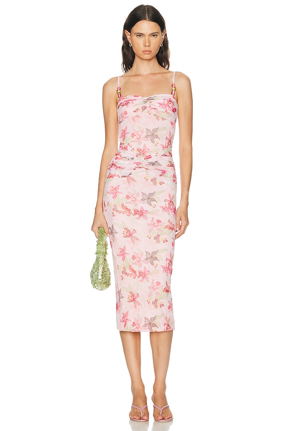 sir hana ruched midi dress The Hana Ruched Midi Dress from @sir__ is crafted from stretch jersey  fabrication with individually placed hand-painted florals. Pair it with the  @stagnistudio Crescent Bag to complete the look. ,