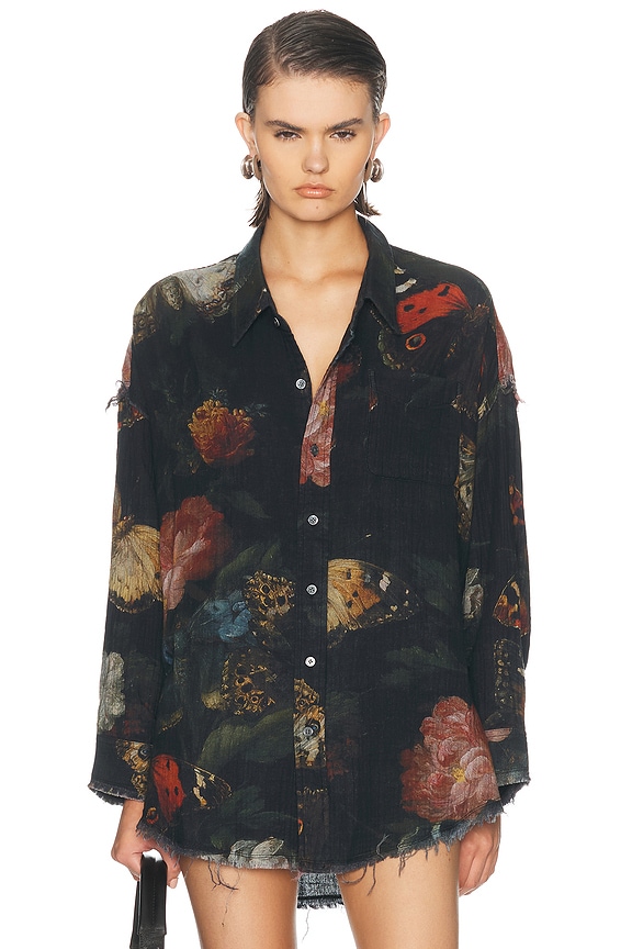 R13 Shredded Seam Drop Neck Shirt in Black Bleached Floral | FWRD