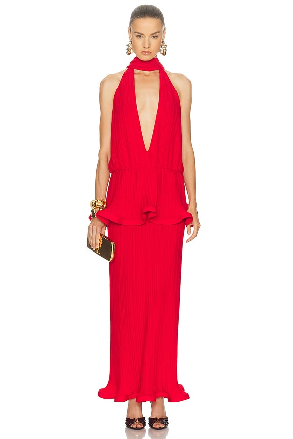 Ganni Mesh Lace Long Dress in Racing Red | FWRD