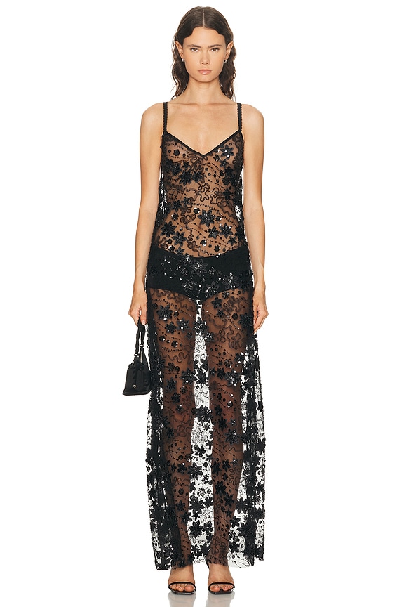 Zuhair Murad Long Embroidered Tulle Lace Border Gown in Black | FWRD