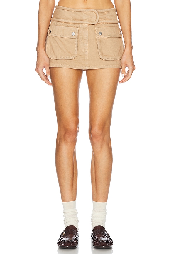 VERSACE Logo Mini Skirt in Brown & Beige | FWRD