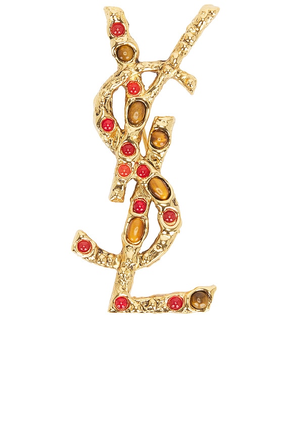 Saint Laurent Textured Crocodile YSL Brooch in Gold | FWRD