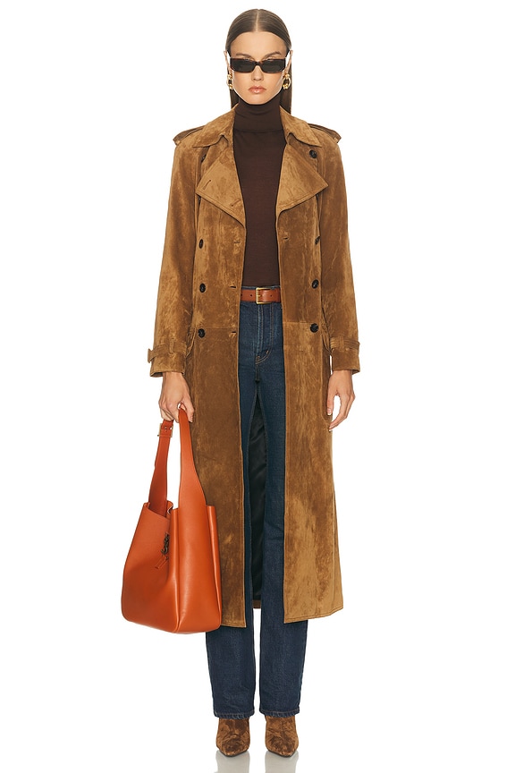 Acne Studios Leather Trench Coat in Cognac Brown | FWRD