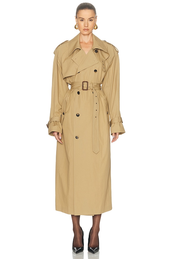 Saint Laurent Belted Trench Coat in Taupe Plaza | FWRD