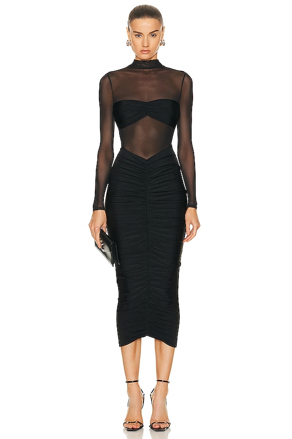 JONATHAN SIMKHAI STANDARD Long Sleeve Ruched Midi Dress in Black | FWRD