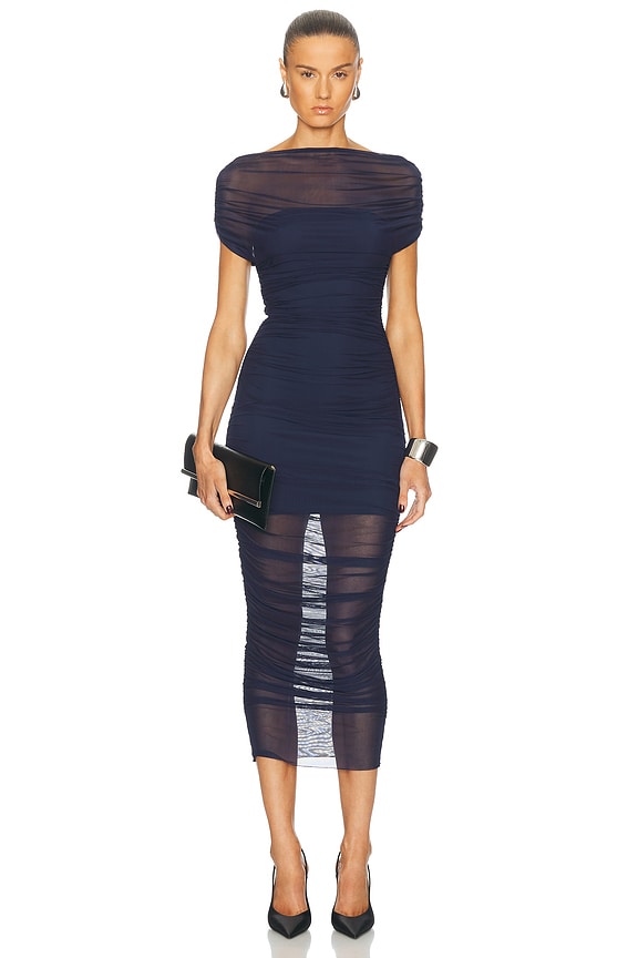 SEROYA Noel Off Shoulder Midi Dress in Ash Brown | FWRD