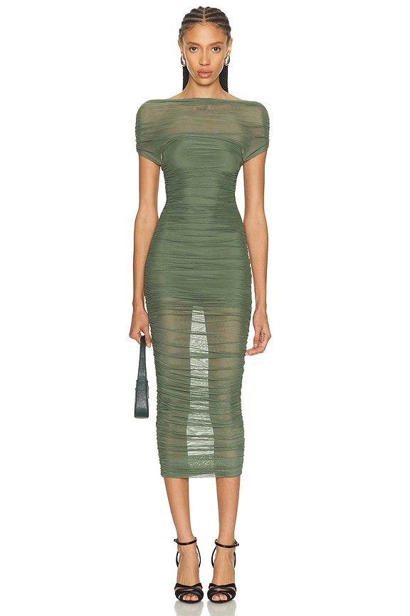 self-portrait Column Midi Dress in Dark Green & Black | FWRD