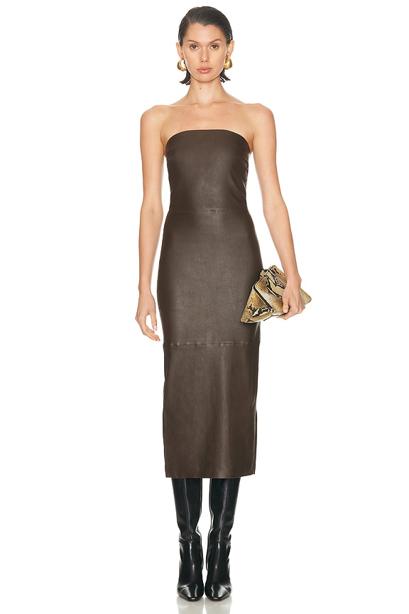 brown leather tube dress Alex Perry Strapless Midi in Dark Vegan leather