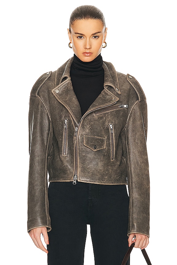 R13 Exaggerated Shoulder Motorcycle Jacket in Brown Leather