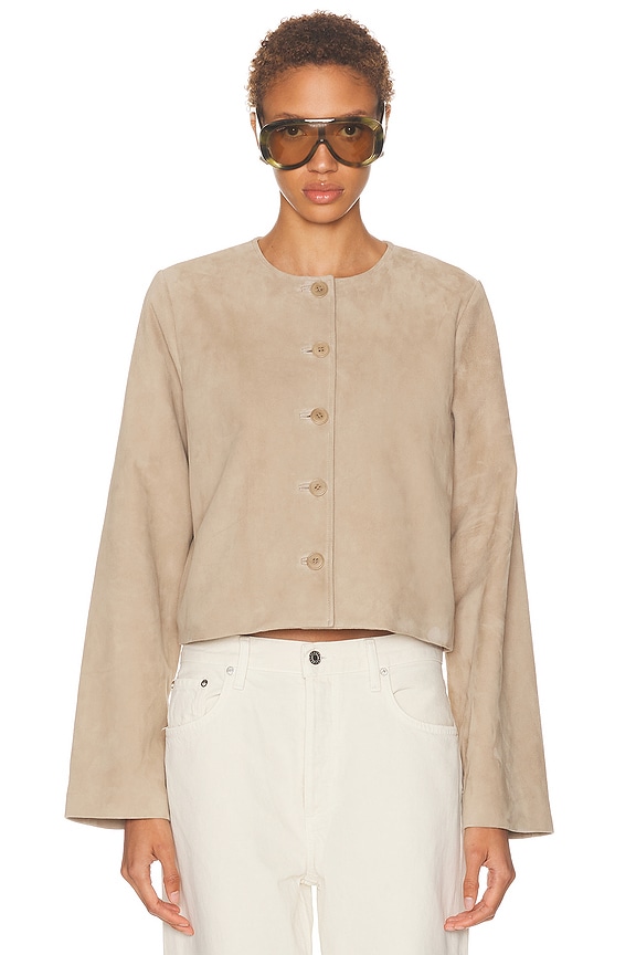 GRLFRND Joni Suede Fringe Jacket in Desert Sand | FWRD