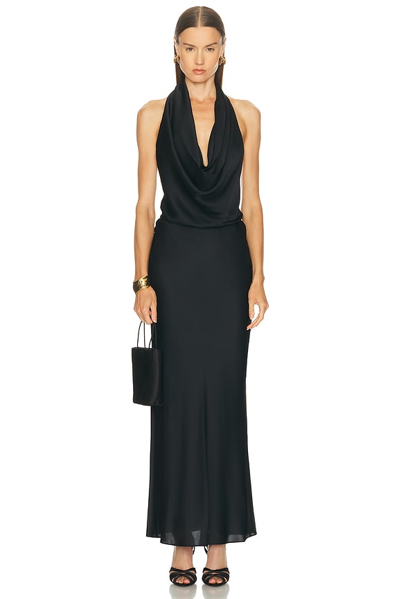 halter top dress pattern Fringe Halter Draped Satin Maxi Dress - Champagne main image 1