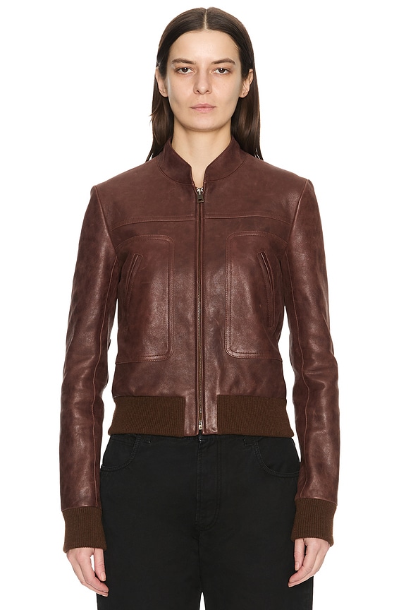 R13 Shrunken Zip-Up Leather Jacket in Brown | FWRD
