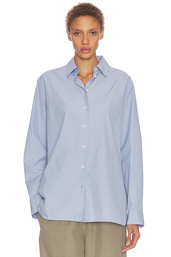 R13 Drop Neck Oxford Shirt in Blue & White Pinstripe | FWRD