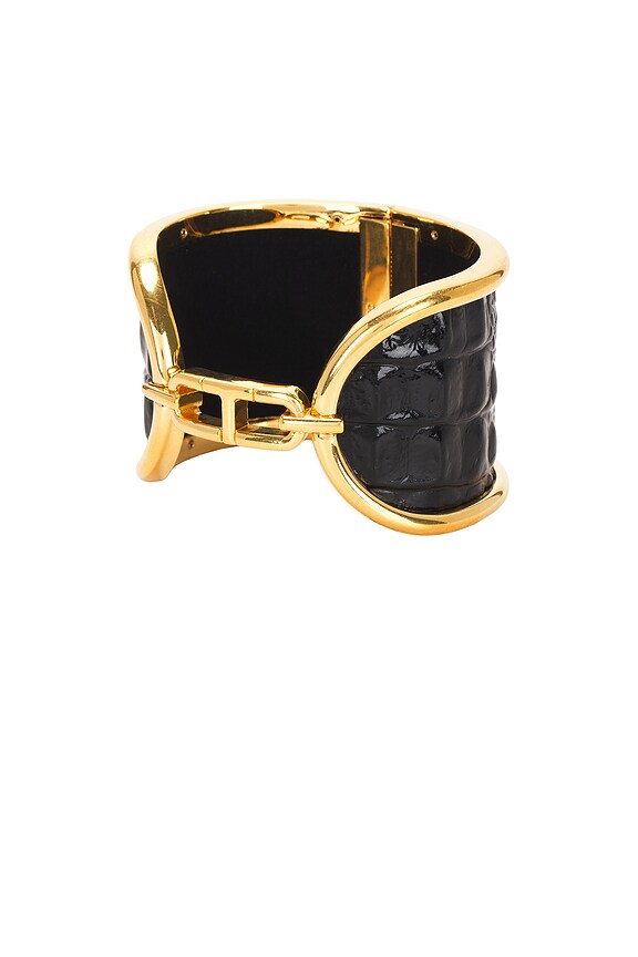 Embossed Croc Brass Cuff Bracelet in Black