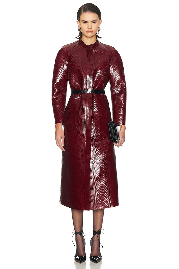 Blumarine Faux Patent Leather Trench Coat in Burgundy | FWRD