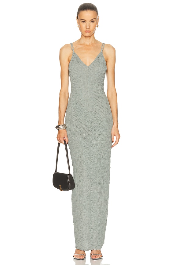 white christmas dresses HAND-CROCHET SEQUIN EMBELLISHED GOWN IN MATTE SILVER | CULT MIA main image 1