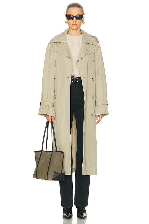 Balenciaga Off Shoulder Trench in Beige | FWRD Balenciaga Off Shoulder Trench in Beige | FWRD