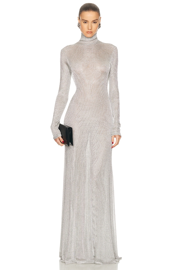 Chloe Turtleneck Lace Maxi Dress in Dusty White | FWRD
