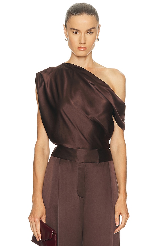 Enza Costa Silk Satin Asymmetric Drape Top in Gunmetal | FWRD