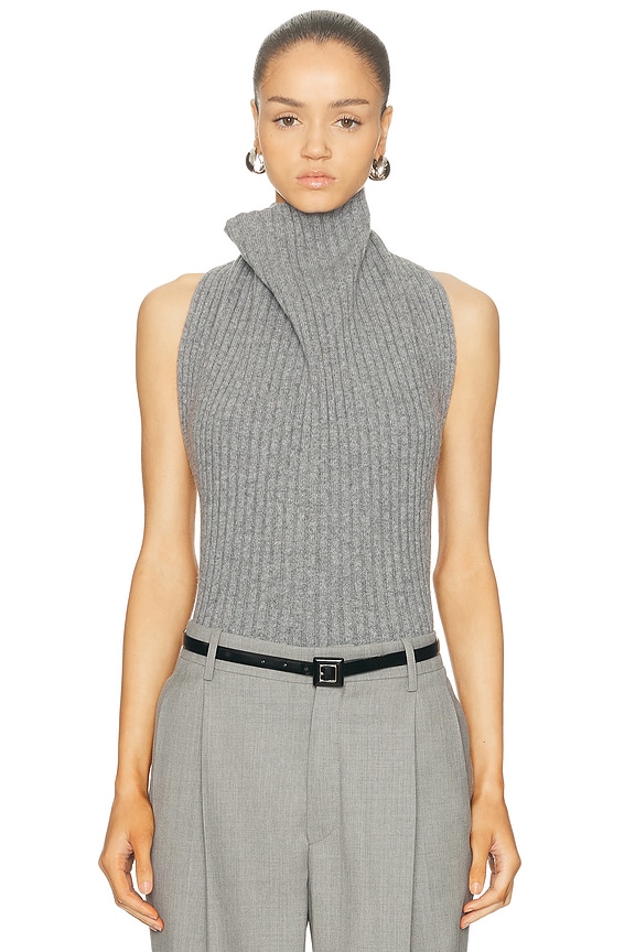 Enza Costa Rib Sleeveless Turtleneck Sweater in Heather Grey