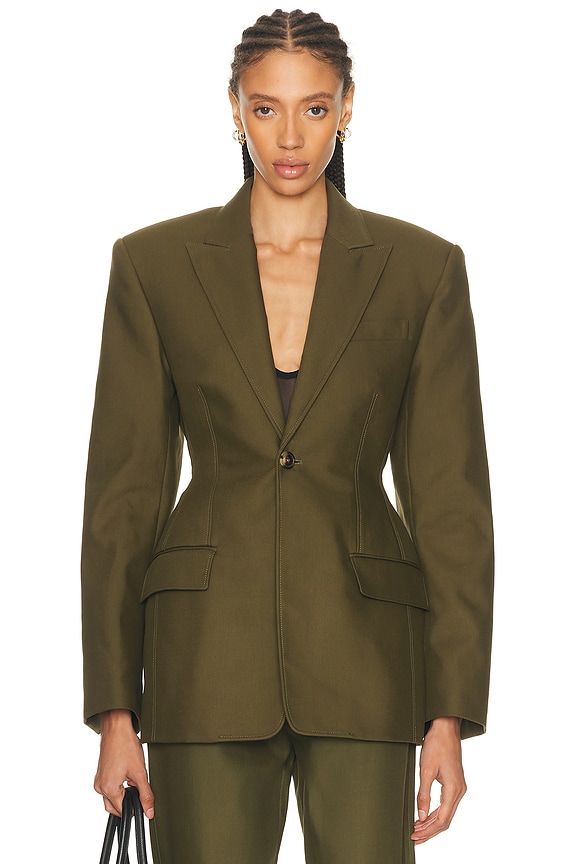 BALENCIAGA WARDROBE テーラードジャケット 44 深オリーブ Balenciaga Waisted Jacket in Emerald Green | FWRD