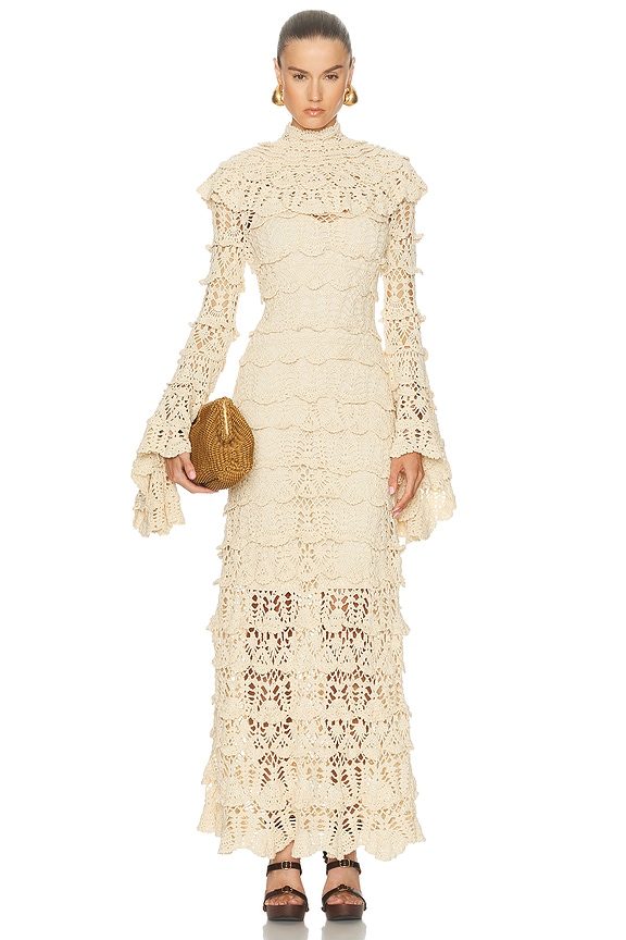 RABANNE Turtleneck Lace Long Dress in Ivory | FWRD
