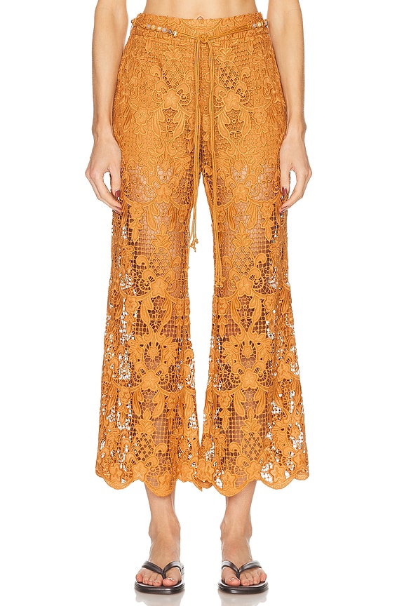 Zimmermann Junie Crop Flared Pant in Cream & Tan Flora | FWRD