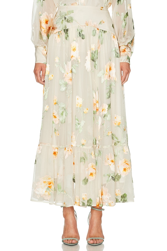 Zimmermann Pleated Tiered Skirt in Acacia Birds | FWRD