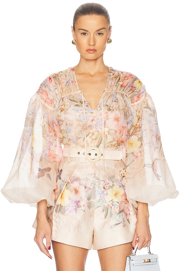 Zimmermann High Tide Billow Blouse in Pink Ikat Floral | FWRD Zimmermann High Tide Billow Blouse in Pink Ikat Floral | FWRD