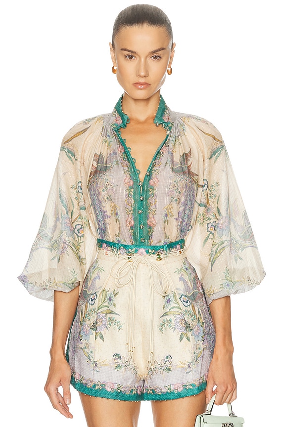 Zimmermann Halliday Lace Trim Shirt in Multi Watercolour Floral | FWRD