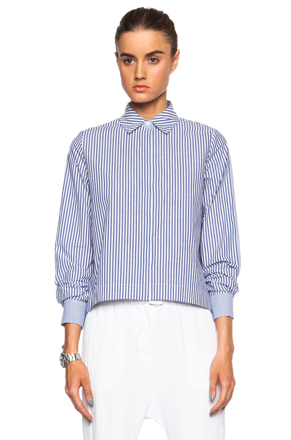 Image 1 of DEREK LAM 10 CROSBY Cotton Shirt with Back Tail in Blue & White