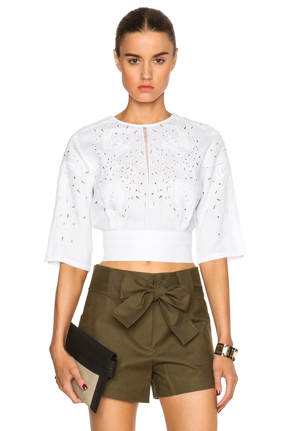 Image 1 of DEREK LAM 10 CROSBY Embroidered Linen Bracelet Sleeve Top in Soft White