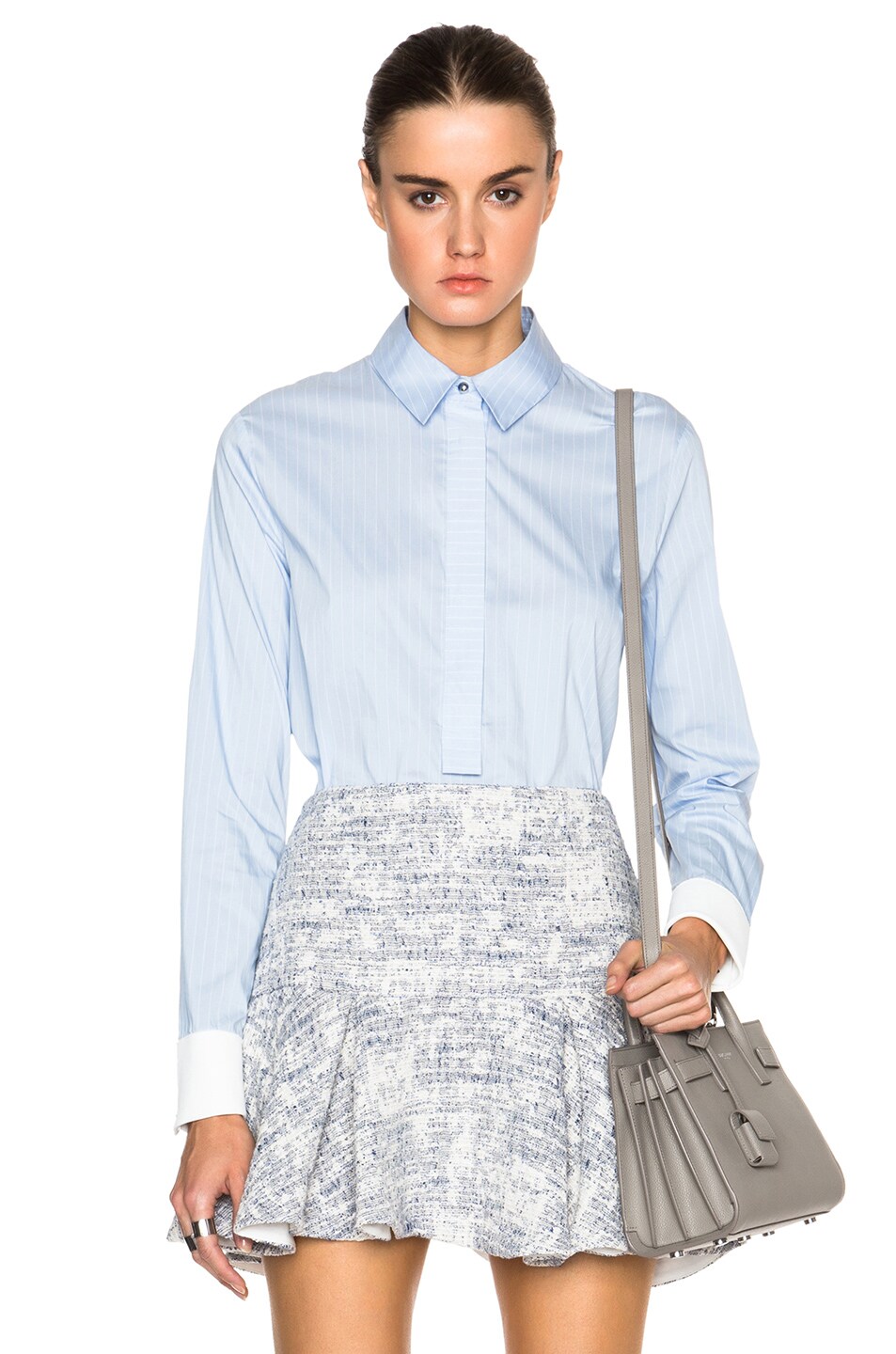 Image 1 of DEREK LAM 10 CROSBY Oxford Shirting Henley with Back Tail in Blue Stripe