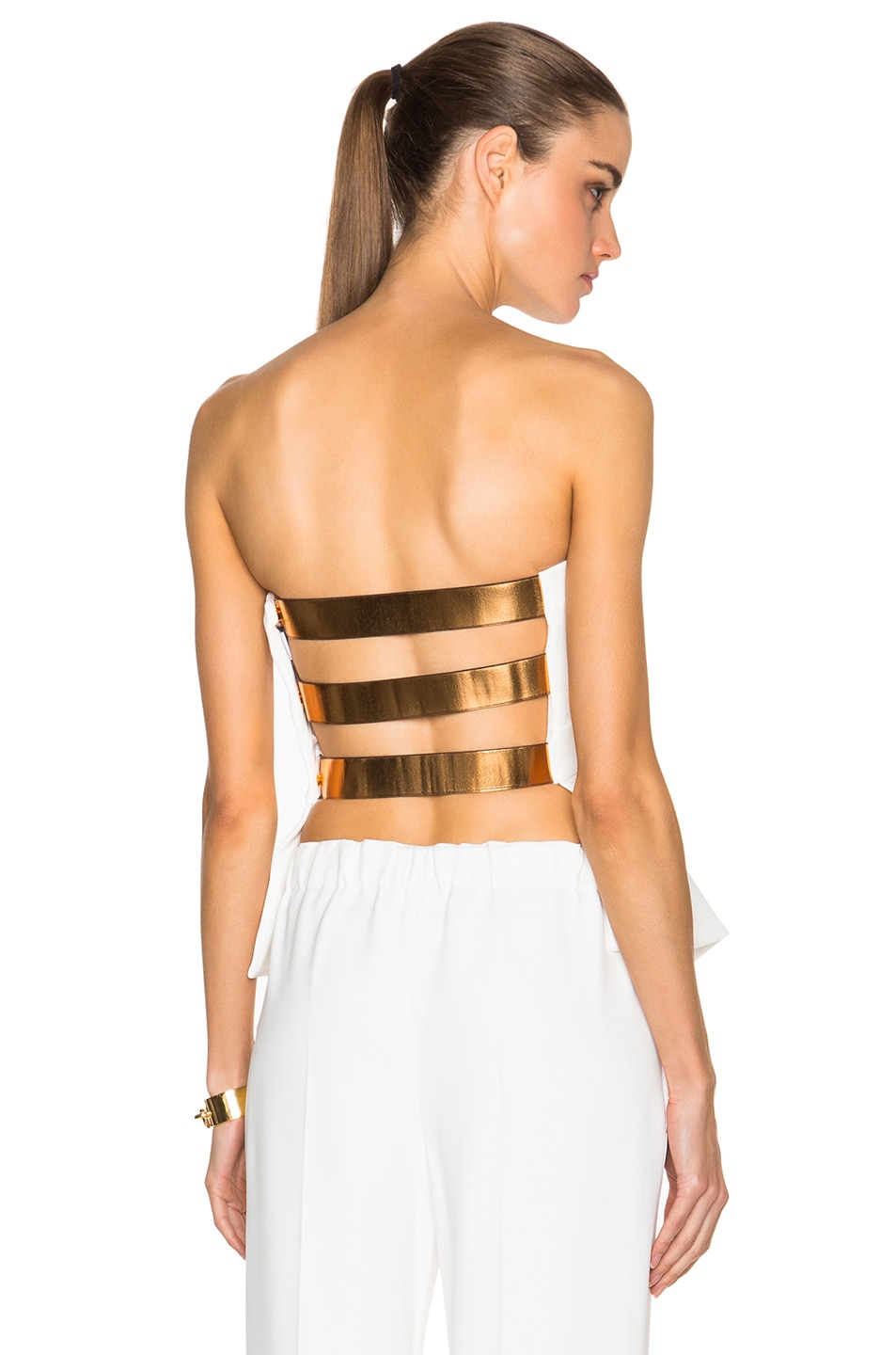 Image 1 of DEREK LAM 10 CROSBY Strapless Corset with Metallic Bands in Soft White