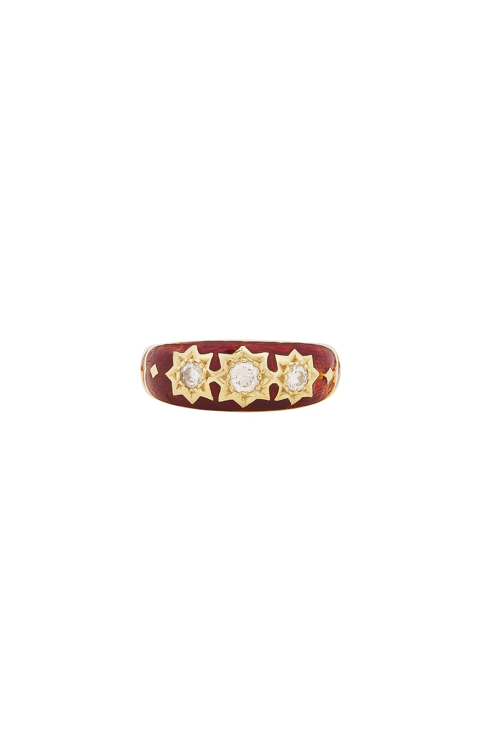 Image 1 of 23CARAT Vintage Diamond Enamel Starburst Trilogy Ring in Red Enamel, Diamond, & 18k Yellow Gold