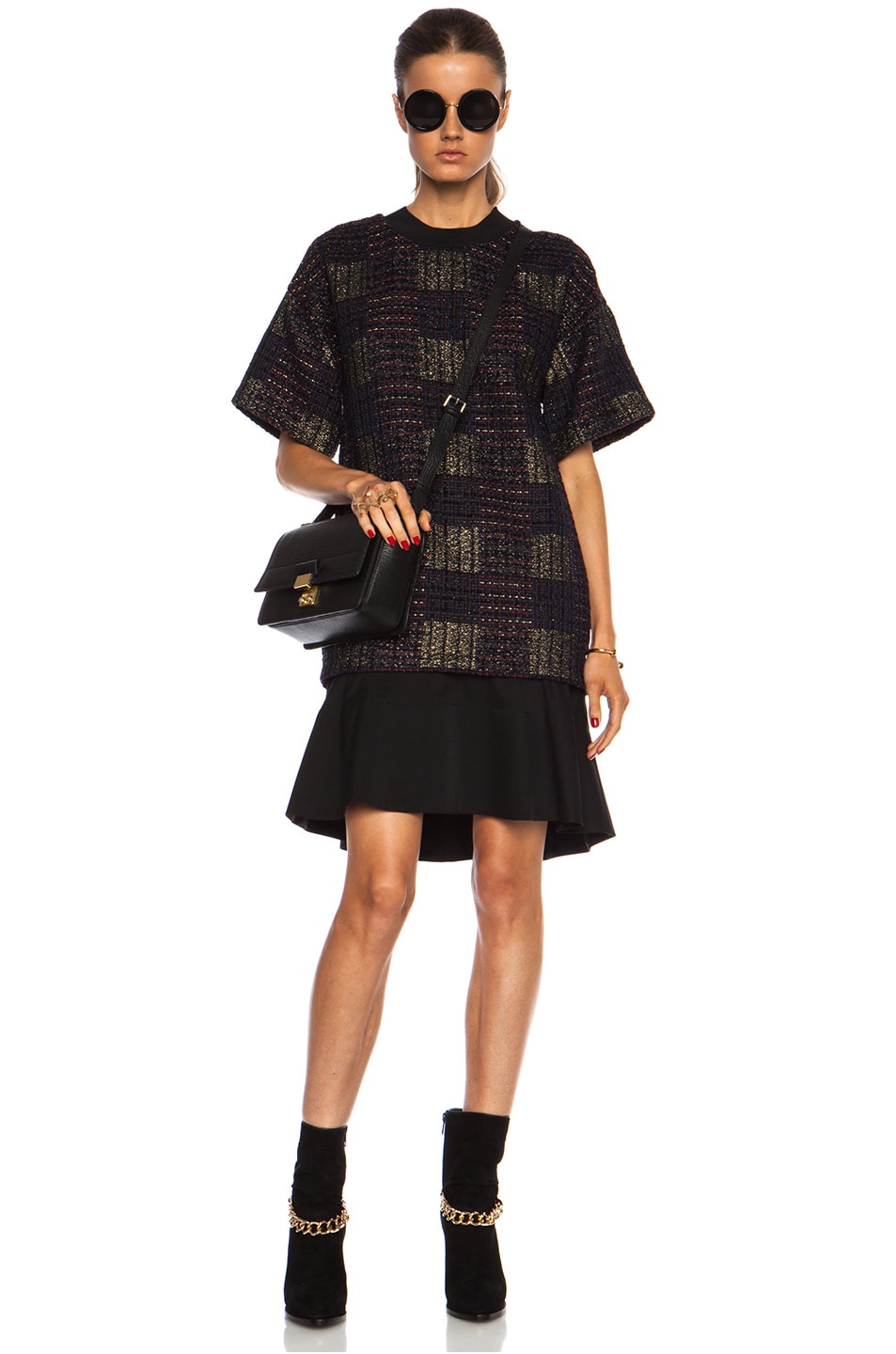 Image 1 of 3.1 phillip lim Patchwork Tweed Shirt Dress with Flounce Skirt in Navy Multi