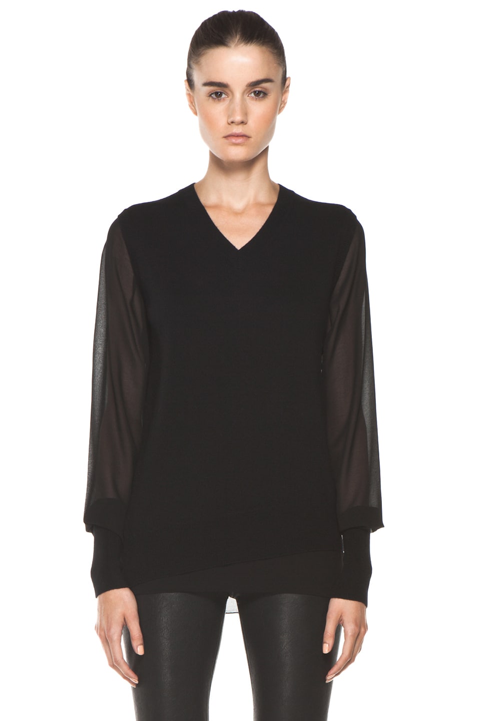 Image 1 of 3.1 phillip lim Chiffon Sleeve V Neck Sweater in Black