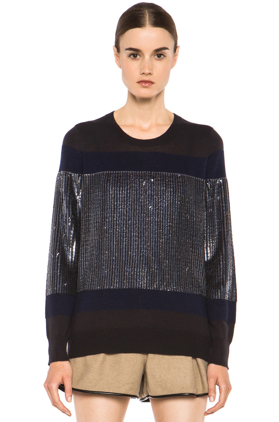 Image 1 of 3.1 phillip lim Sequin Stripe Merino Wool Pullover in Charcoal